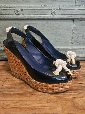 Tory Burch Navy Nautical Shea Wedge Sandals Heels Rope Wicker Rattan Accent 6